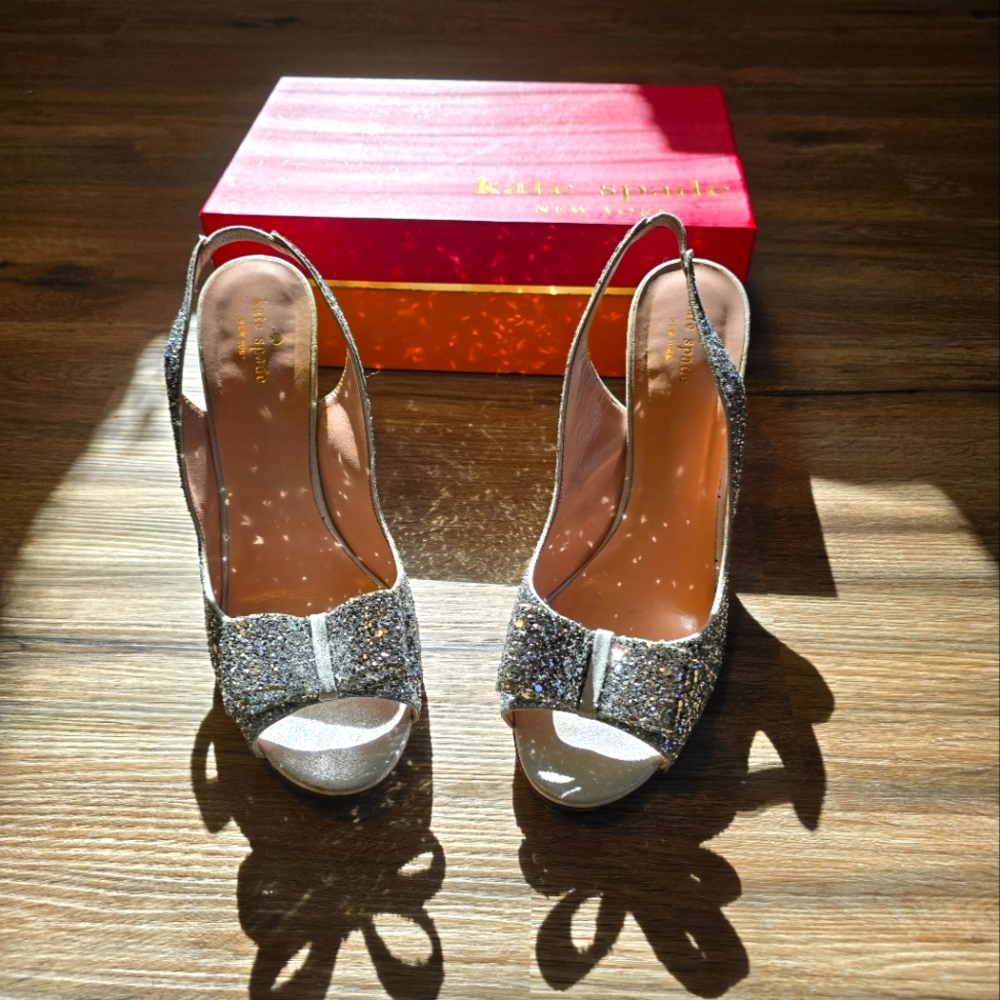 Kate Spade Silver Glitter Bow Peep Toe Heels, size 11